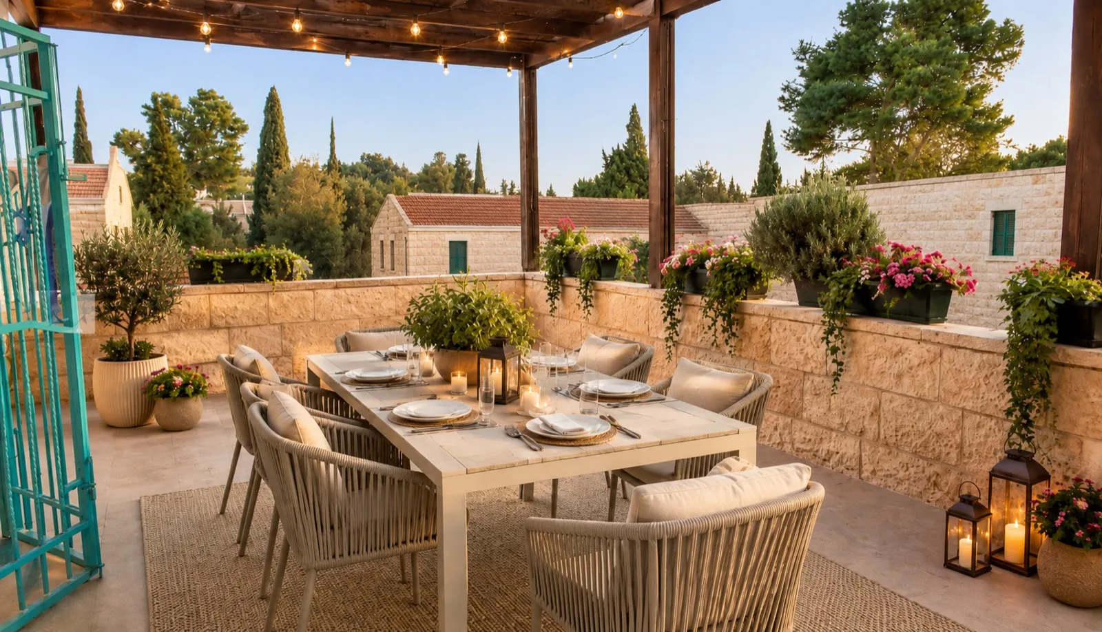 Stone-walled outdoor terrace with a dining table set for dinner under a wooden pergola with string lights, lanterns and candles, looking out over stone houses and cypress trees