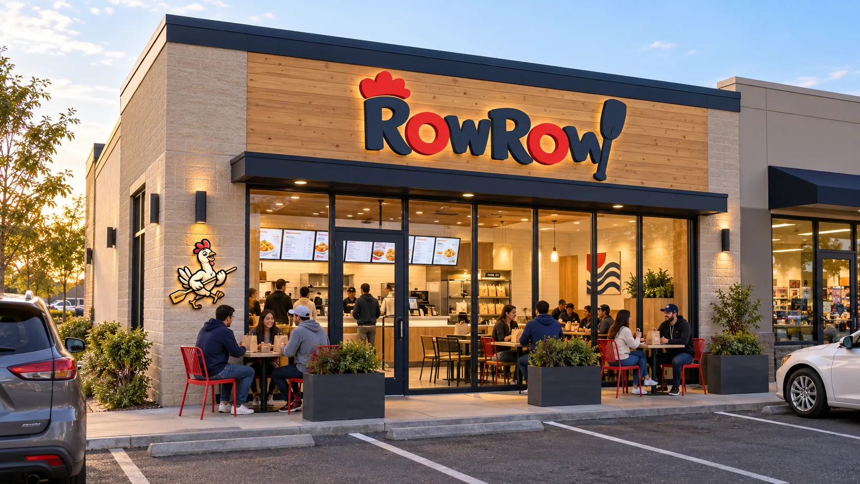 Imagined Row Row fast-casual storefront concept with a wood sign, walking chicken and sidewalk seating.